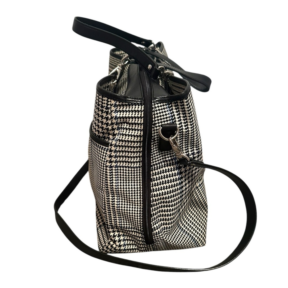 RALPH LAUREN EXTRA LARGE BLACK WHITE BLUE PLAID HOUNDSTOOTH TOTE BAG PURSE - Picture 3 of 9